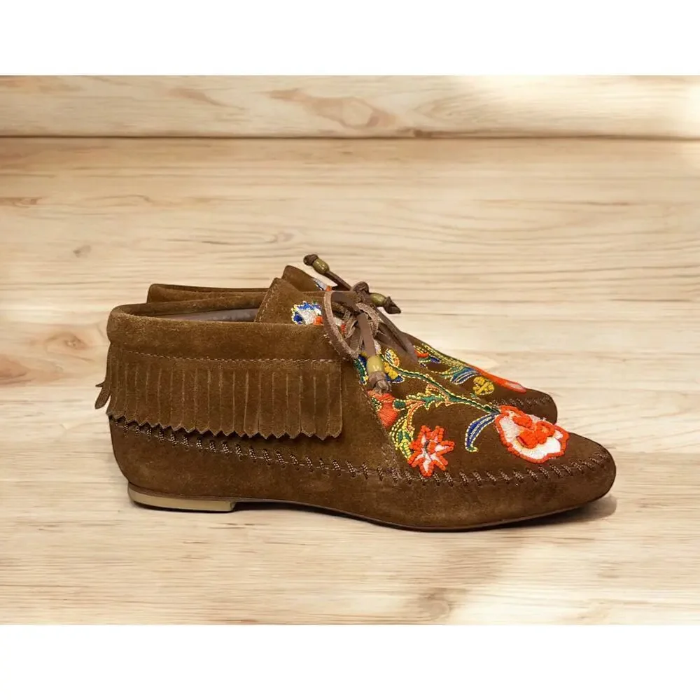 Tory Burch Huntington Beaded Embroidered Fringe Booties Size 6M
